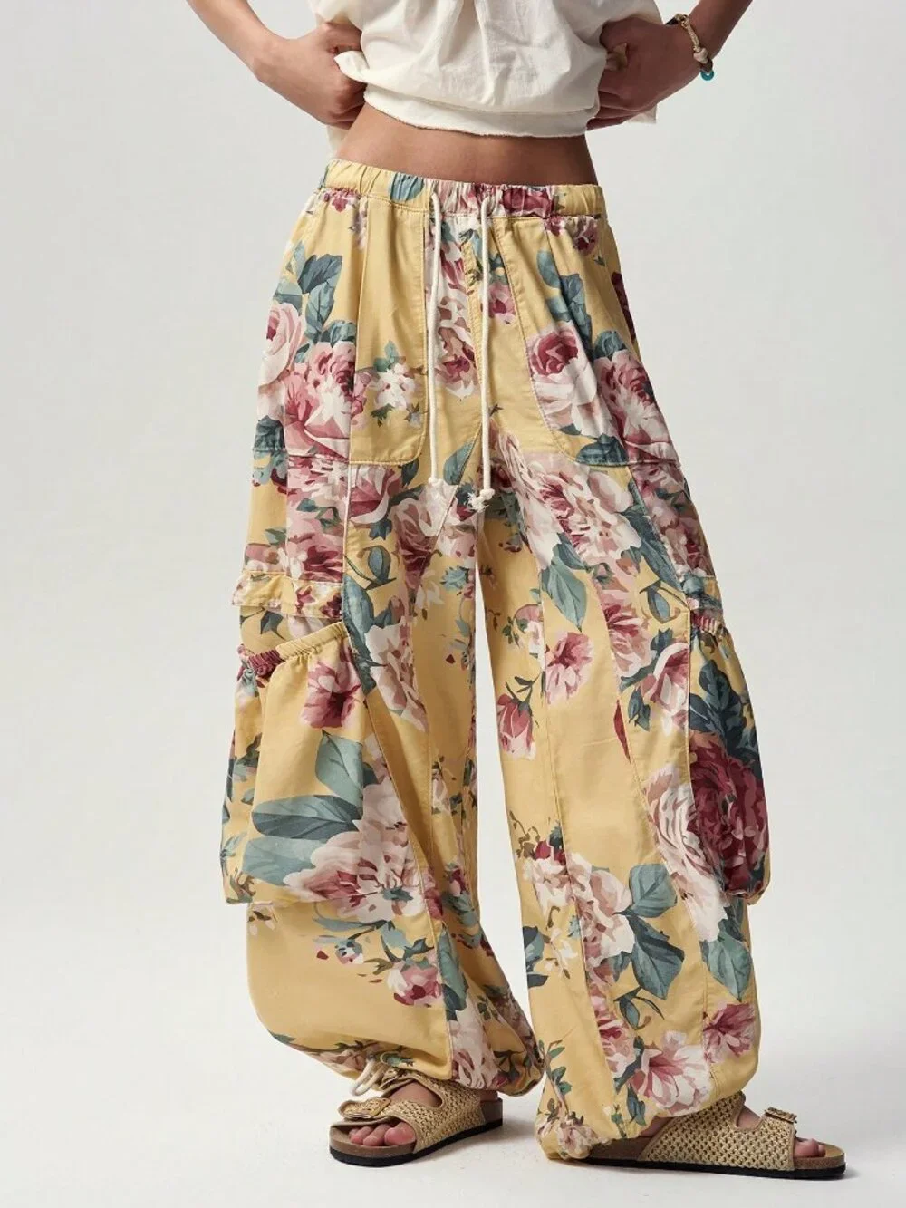 Yellow Casual Women's Woven Printed Loose Long Pants